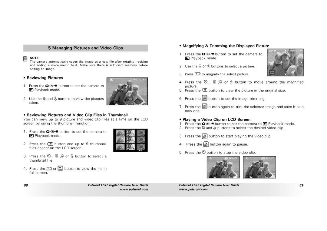 Polaroid T737 manual Reviewing Pictures and Video Clip Files in Thumbnail, Magnifying & Trimming the Displayed Picture 
