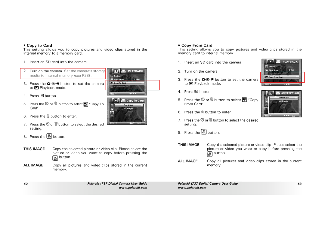 Polaroid T737 manual Copy to Card, Copy From Card 