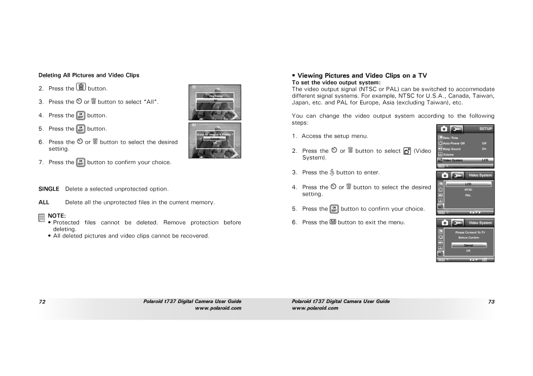 Polaroid T737 manual Viewing Pictures and Video Clips on a TV, Deleting All Pictures and Video Clips 