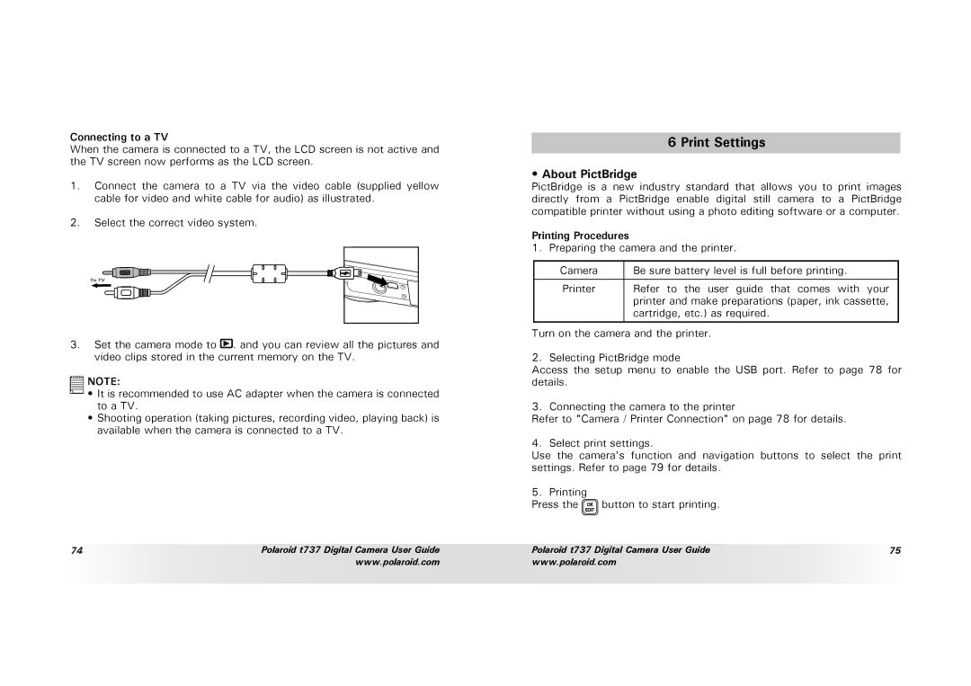 Polaroid T737 manual Print Settings, About PictBridge, Connecting to a TV, Printing Procedures 