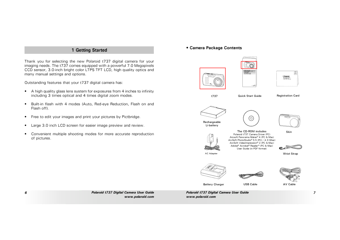 Polaroid T737 manual Getting Started, Camera Package Contents 