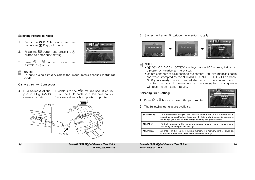 Polaroid T737 manual Selecting PictBridge Mode, Camera / Printer Connection, Selecting Print Settings 