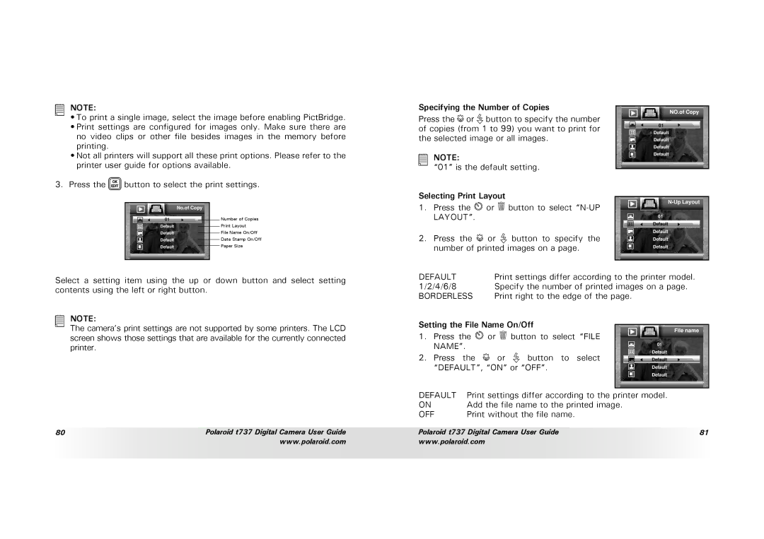 Polaroid T737 manual Specifying the Number of Copies, Selecting Print Layout, Setting the File Name On/Off 