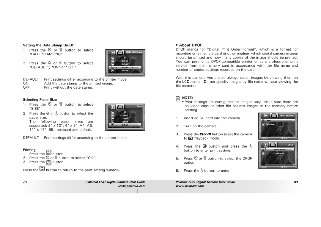 Polaroid T737 manual About Dpof, Setting the Date Stamp On/Off, Selecting Paper Size, Printing 