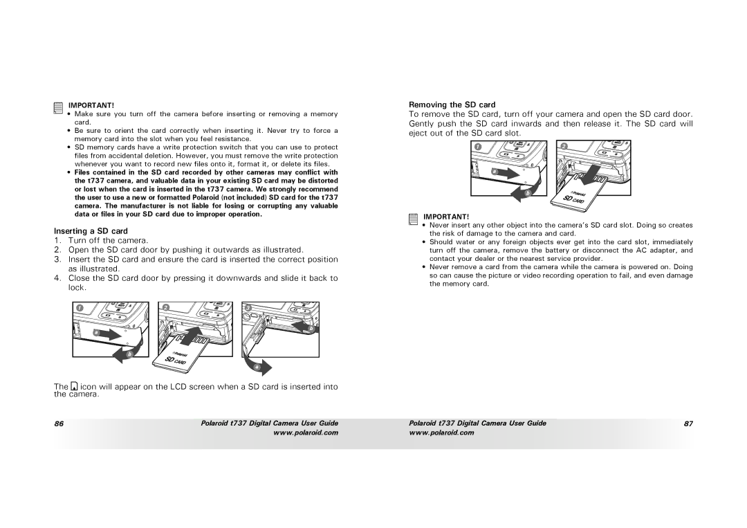 Polaroid T737 manual Removing the SD card, Inserting a SD card 