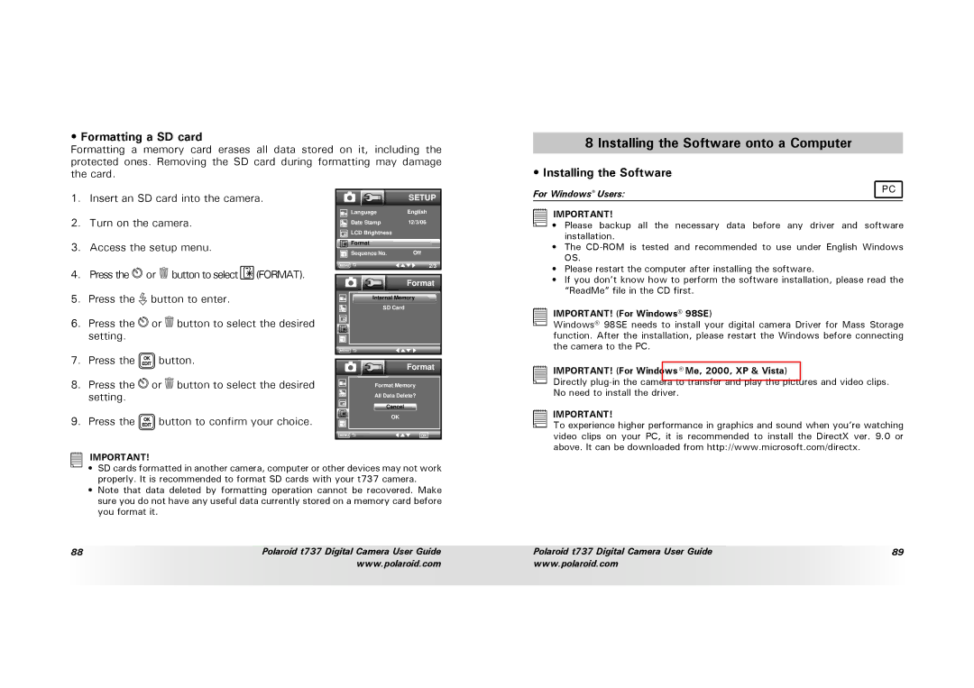 Polaroid T737 manual Installing the Software onto a Computer, Formatting a SD card 