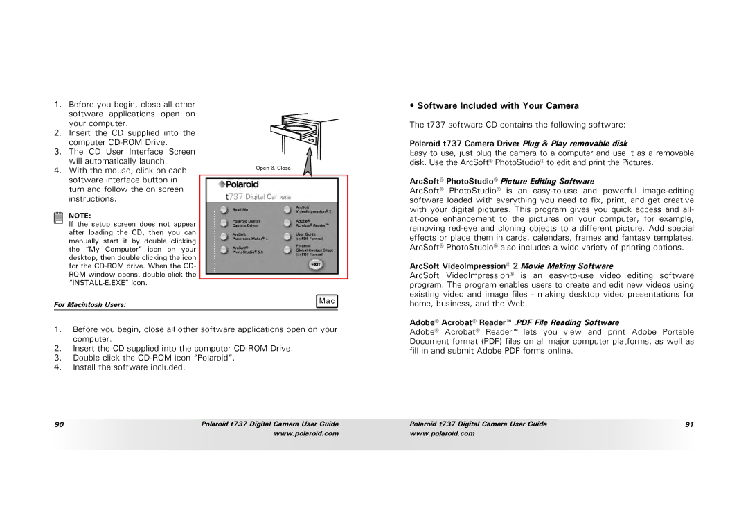 Polaroid T737 manual Software Included with Your Camera, Polaroid t737 Camera Driver Plug & Play removable disk 