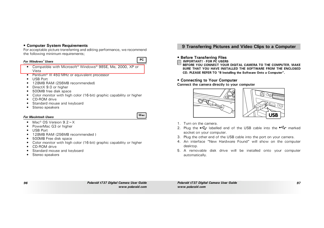 Polaroid T737 Transferring Pictures and Video Clips to a Computer, Computer System Requirements, Before Transferring Files 