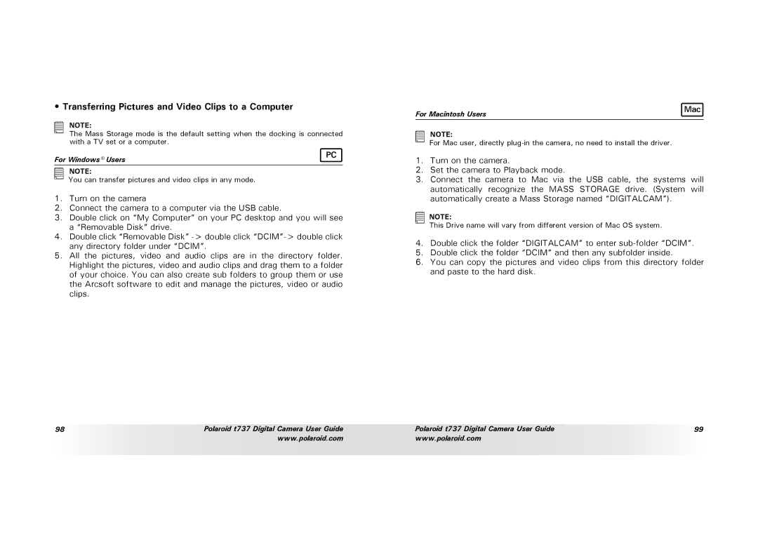 Polaroid T737 manual Transferring Pictures and Video Clips to a Computer, Mac 