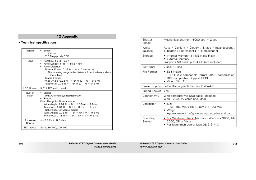 Polaroid T737 manual Appendix, Technical speciﬁcations 