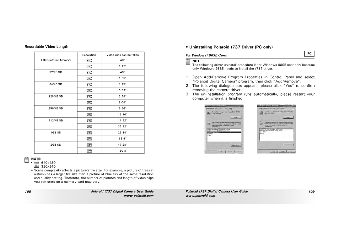 Polaroid T737 manual Uninstalling Polaroid t737 Driver PC only, Recordable Video Length 