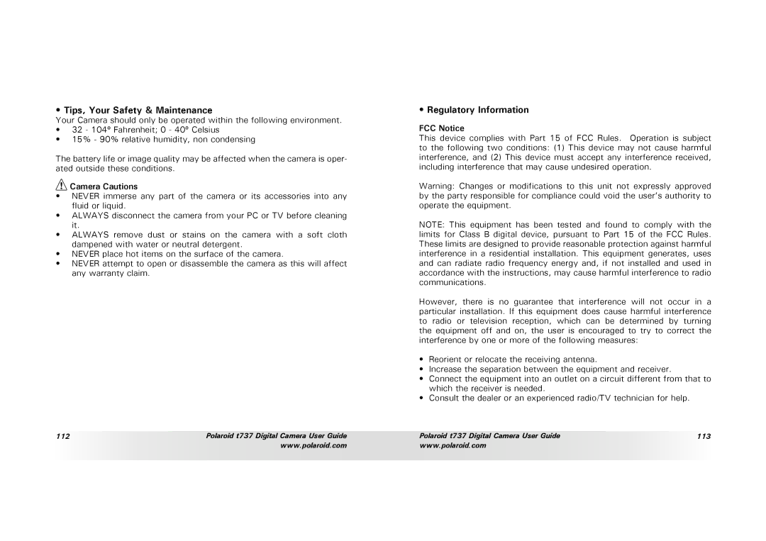 Polaroid T737 manual Tips, Your Safety & Maintenance, Regulatory Information, Camera Cautions, FCC Notice 