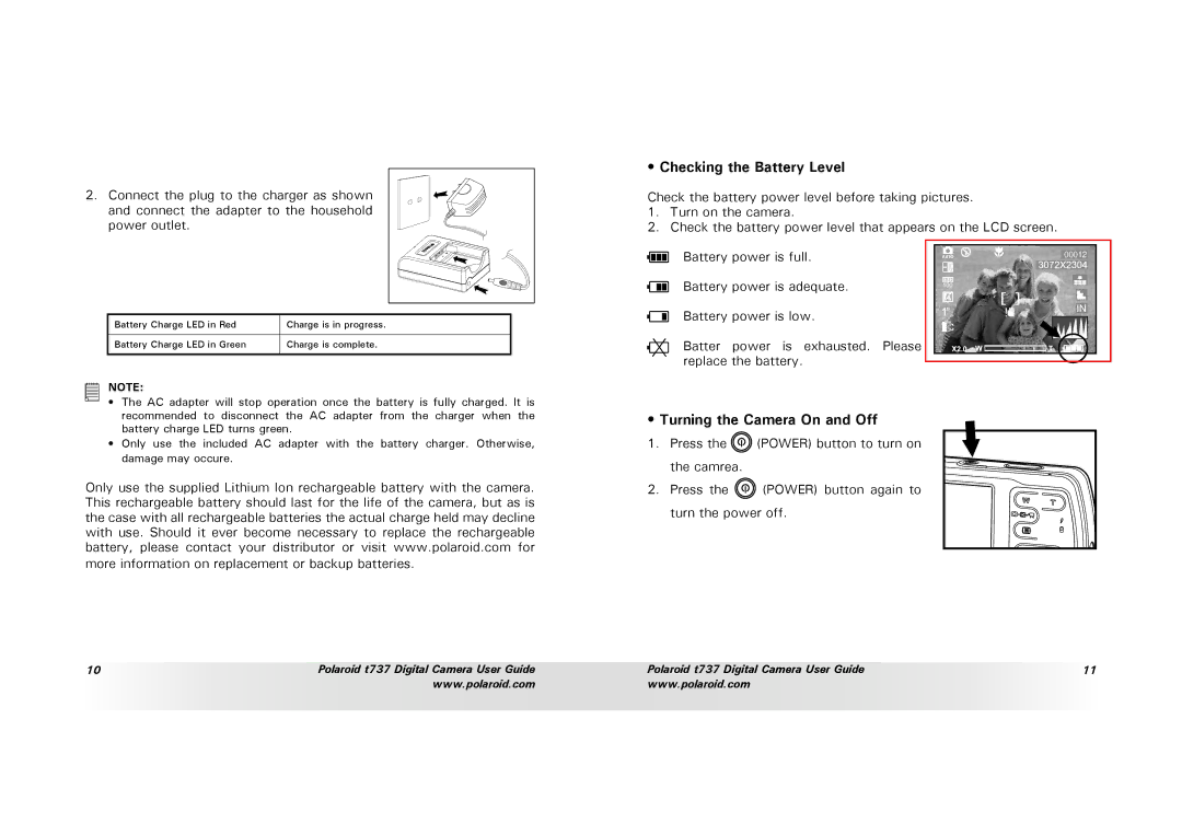 Polaroid T737 manual Checking the Battery Level, Turning the Camera On and Off 