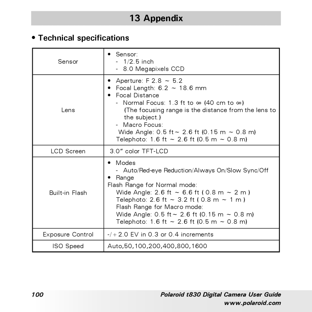 Polaroid t830 manual Appendix, Technical specifications 