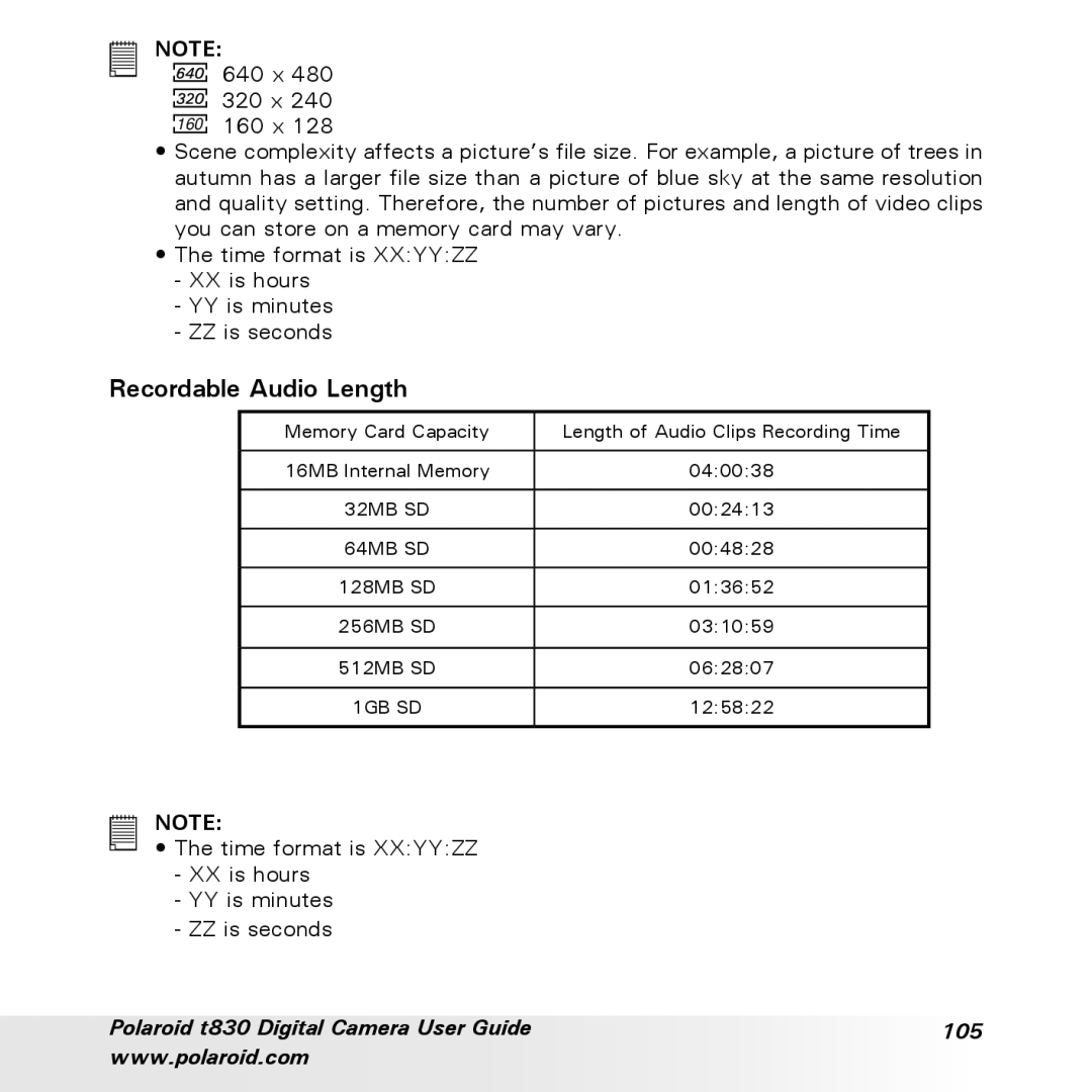 Polaroid t830 manual Recordable Audio Length 