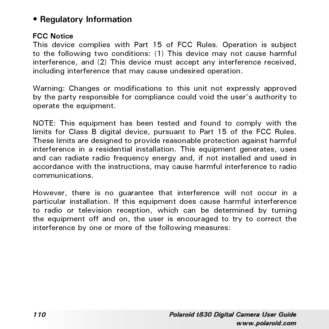 Polaroid t830 manual Regulatory Information, FCC Notice 