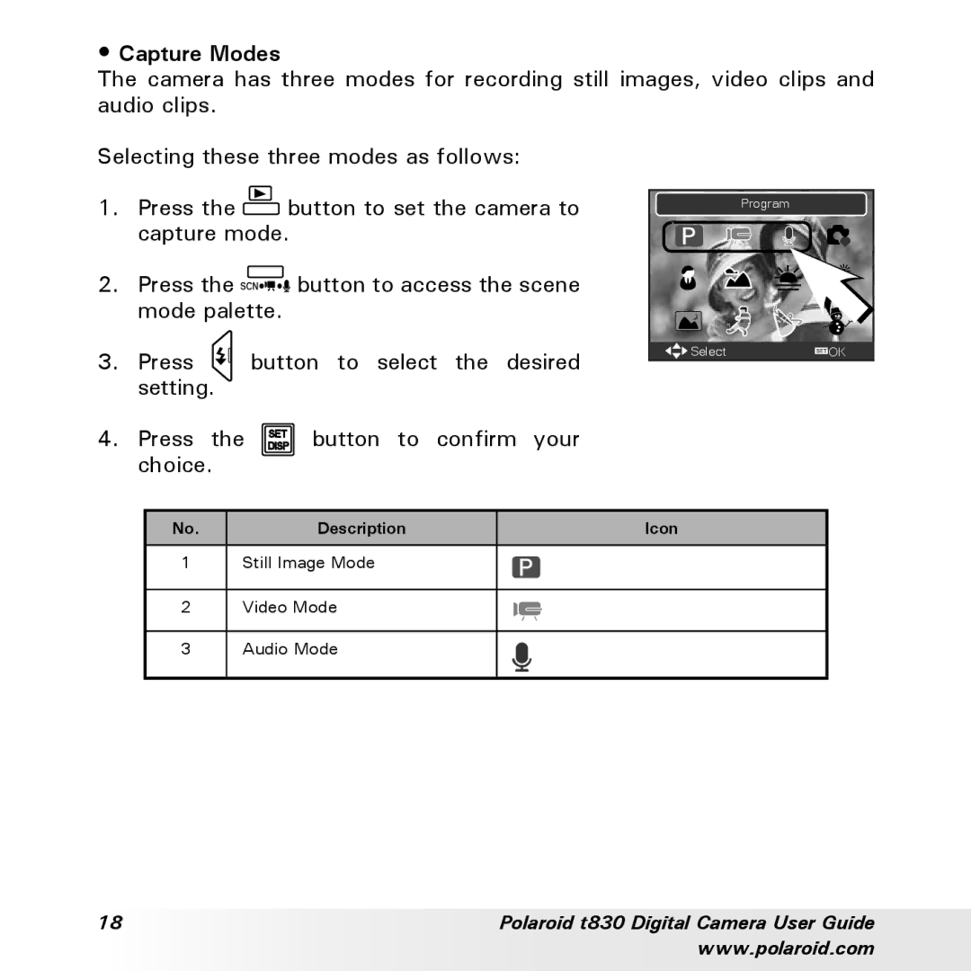 Polaroid t830 manual Capture Modes 