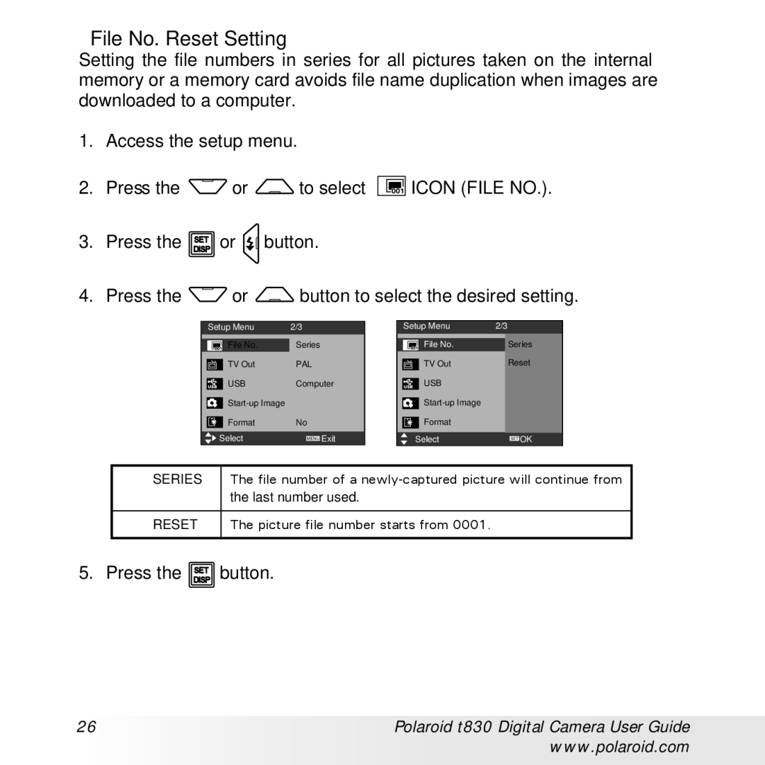 Polaroid t830 manual File No. Reset Setting 