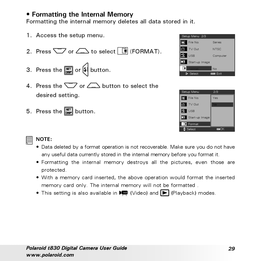 Polaroid t830 manual Formatting the Internal Memory 