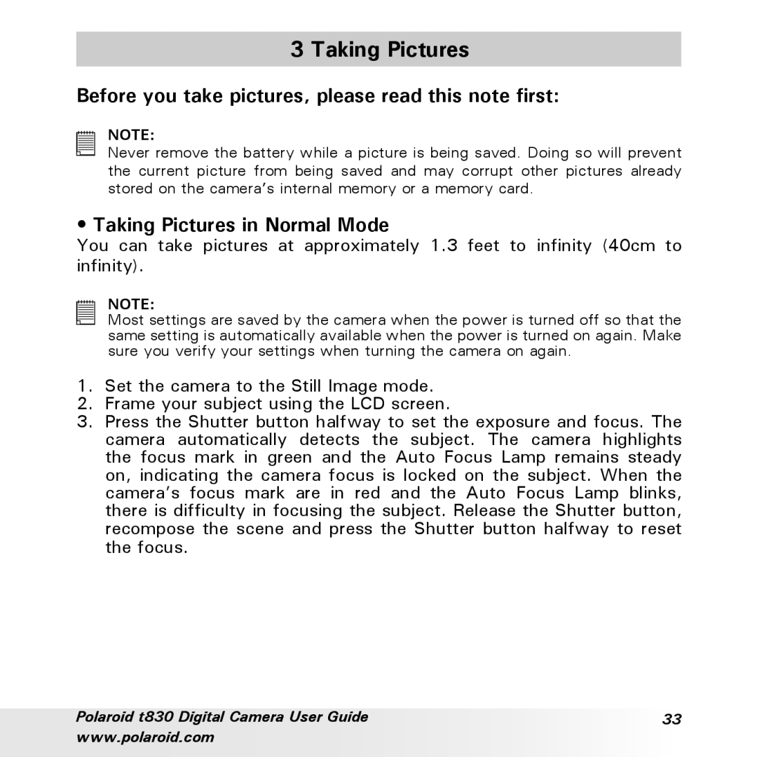 Polaroid t830 manual Before you take pictures, please read this note first, Taking Pictures in Normal Mode 