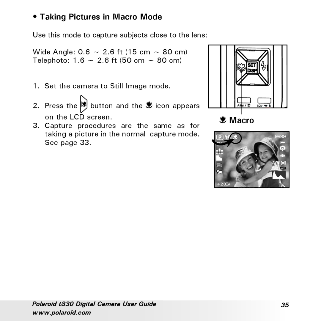 Polaroid t830 manual Taking Pictures in Macro Mode 