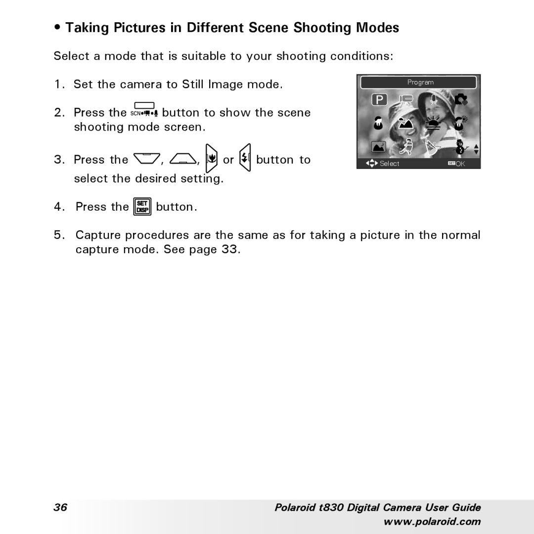 Polaroid t830 manual Taking Pictures in Different Scene Shooting Modes 