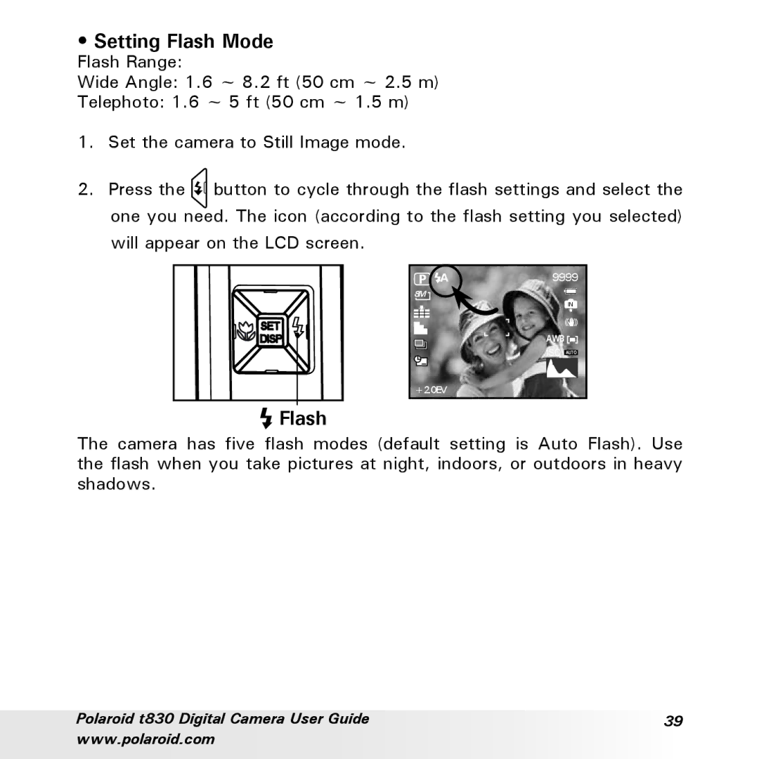 Polaroid t830 manual Setting Flash Mode 