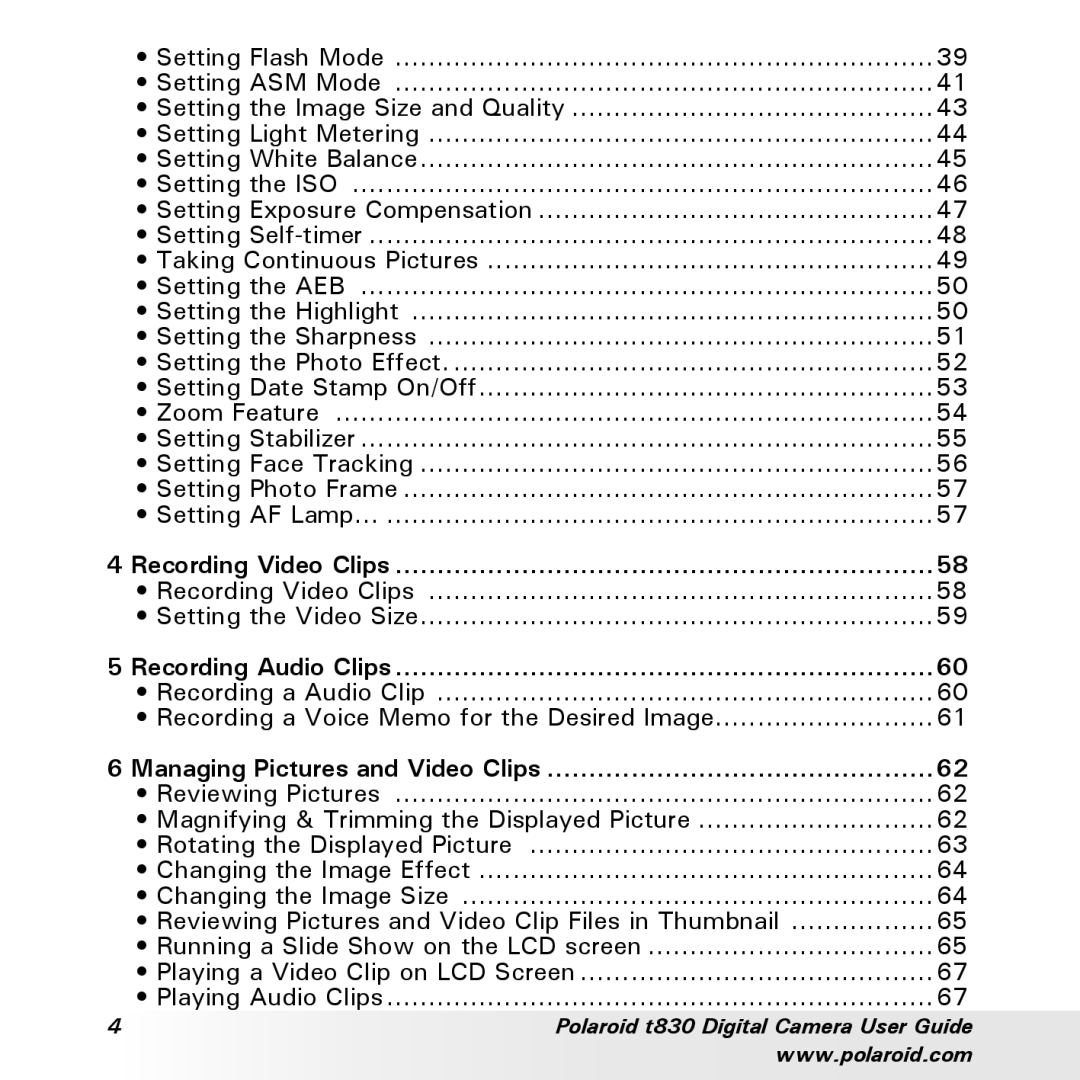 Polaroid t830 manual Recording Video Clips, Recording Audio Clips, Managing Pictures and Video Clips 