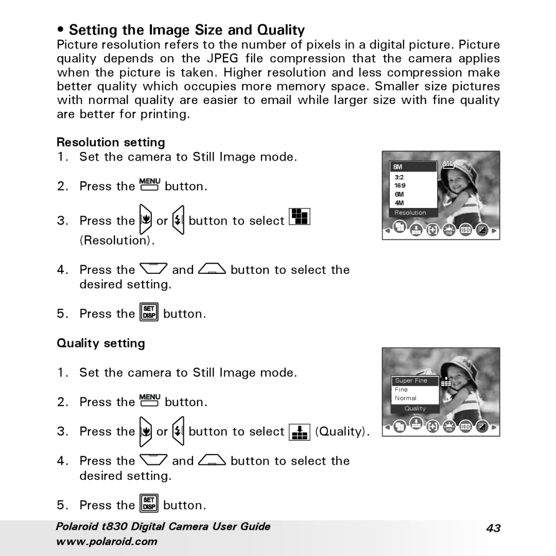 Polaroid t830 manual Setting the Image Size and Quality, Resolution setting, Quality setting 