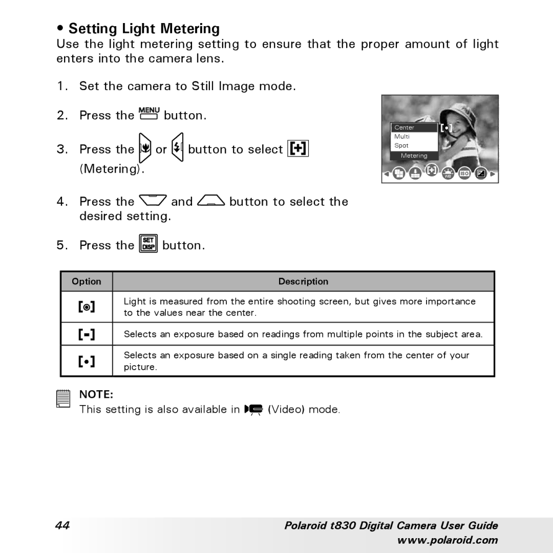 Polaroid t830 manual Setting Light Metering, Option 