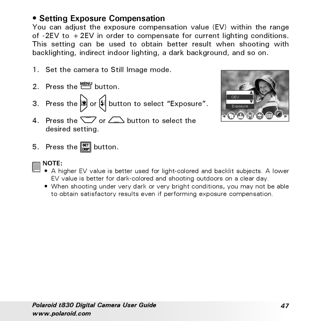 Polaroid t830 manual Setting Exposure Compensation 