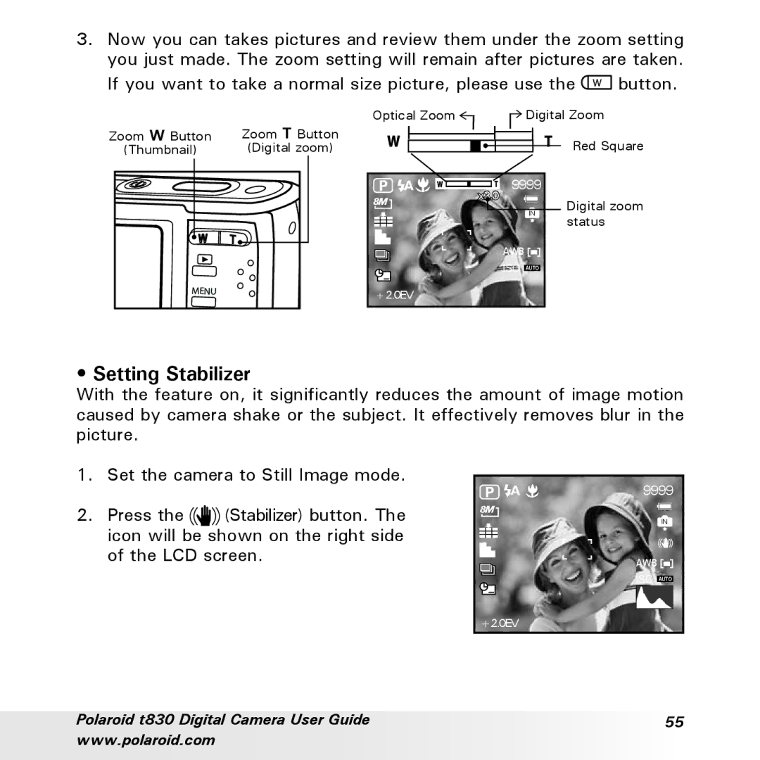 Polaroid t830 manual Setting Stabilizer 