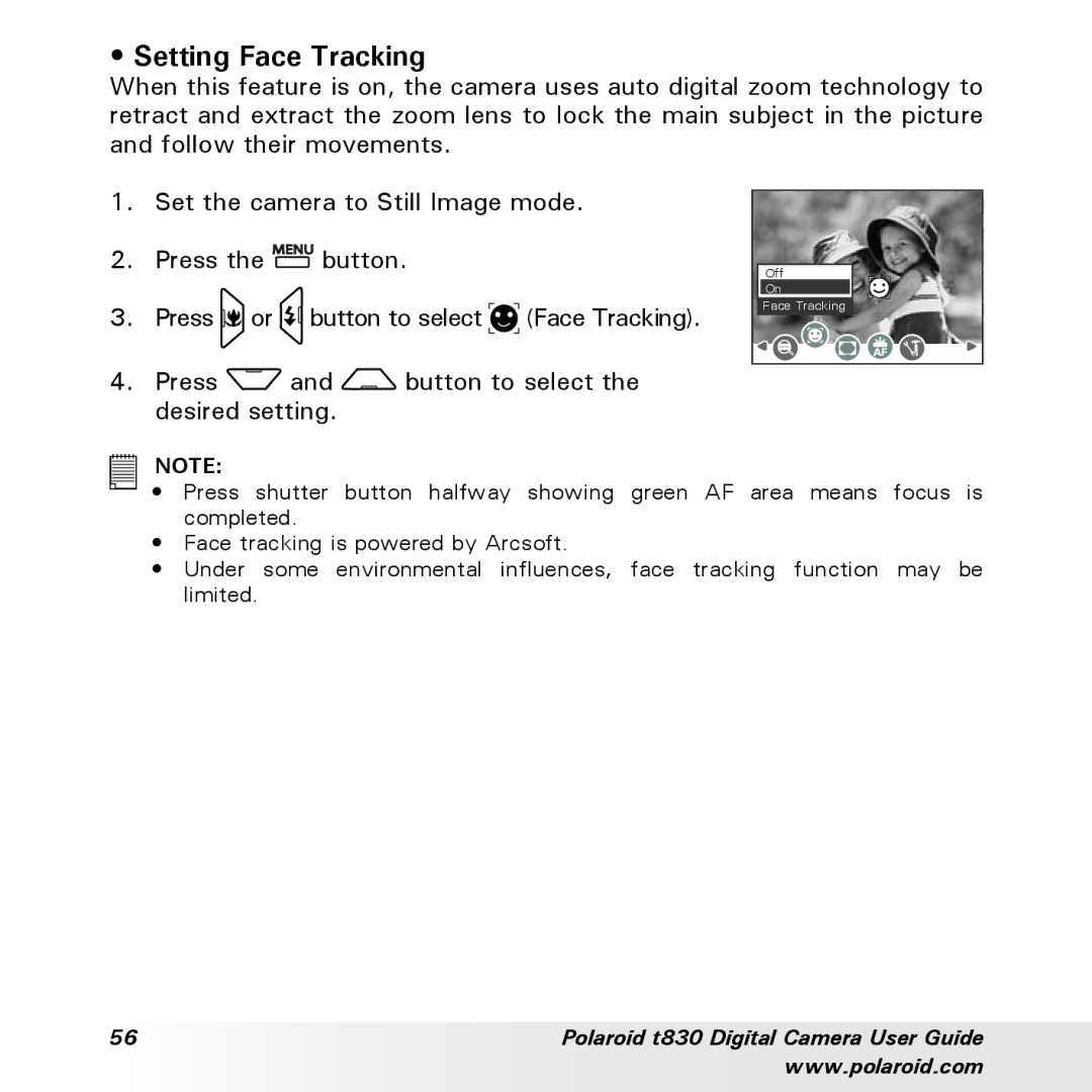 Polaroid t830 manual Setting Face Tracking 