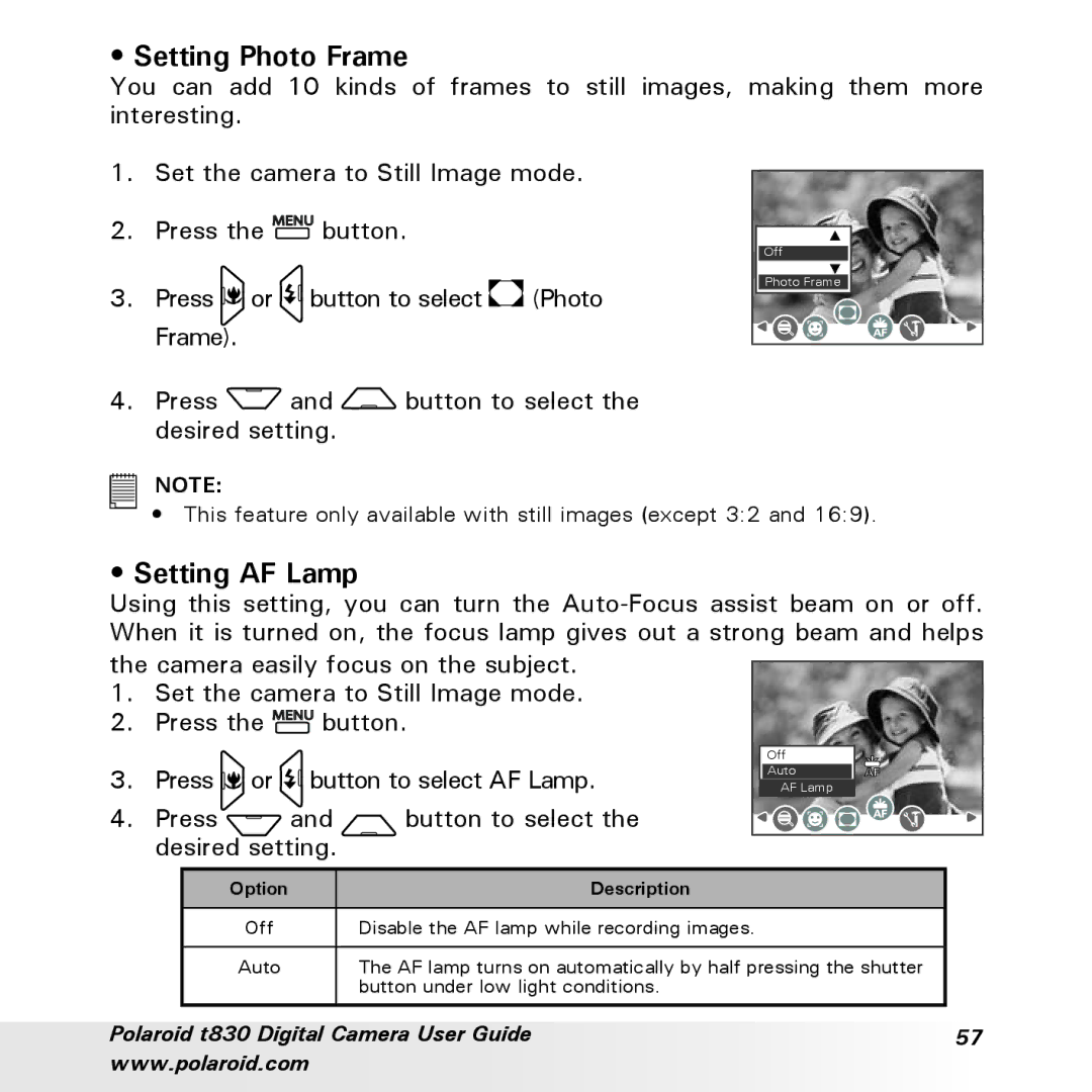 Polaroid t830 manual Setting Photo Frame, Setting AF Lamp 