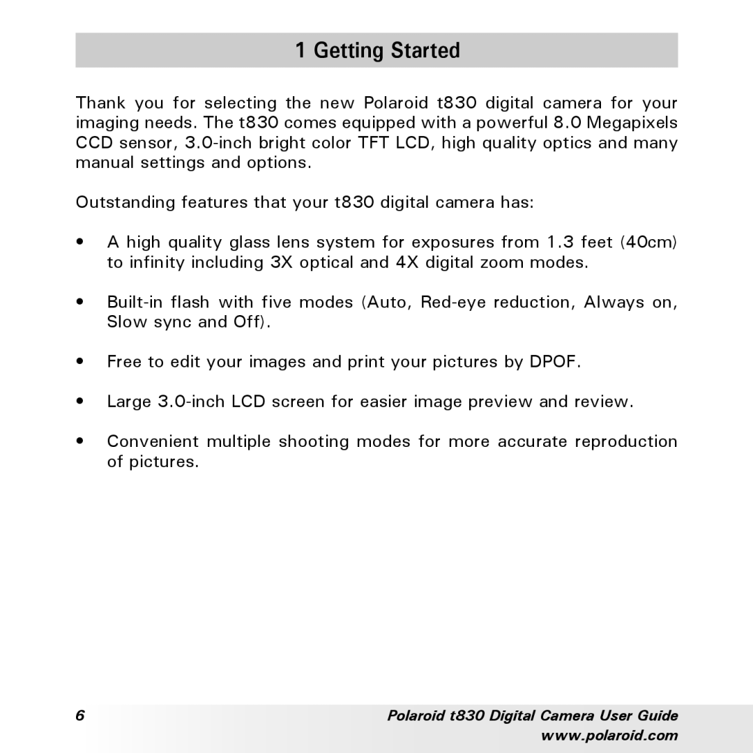 Polaroid t830 manual Getting Started 