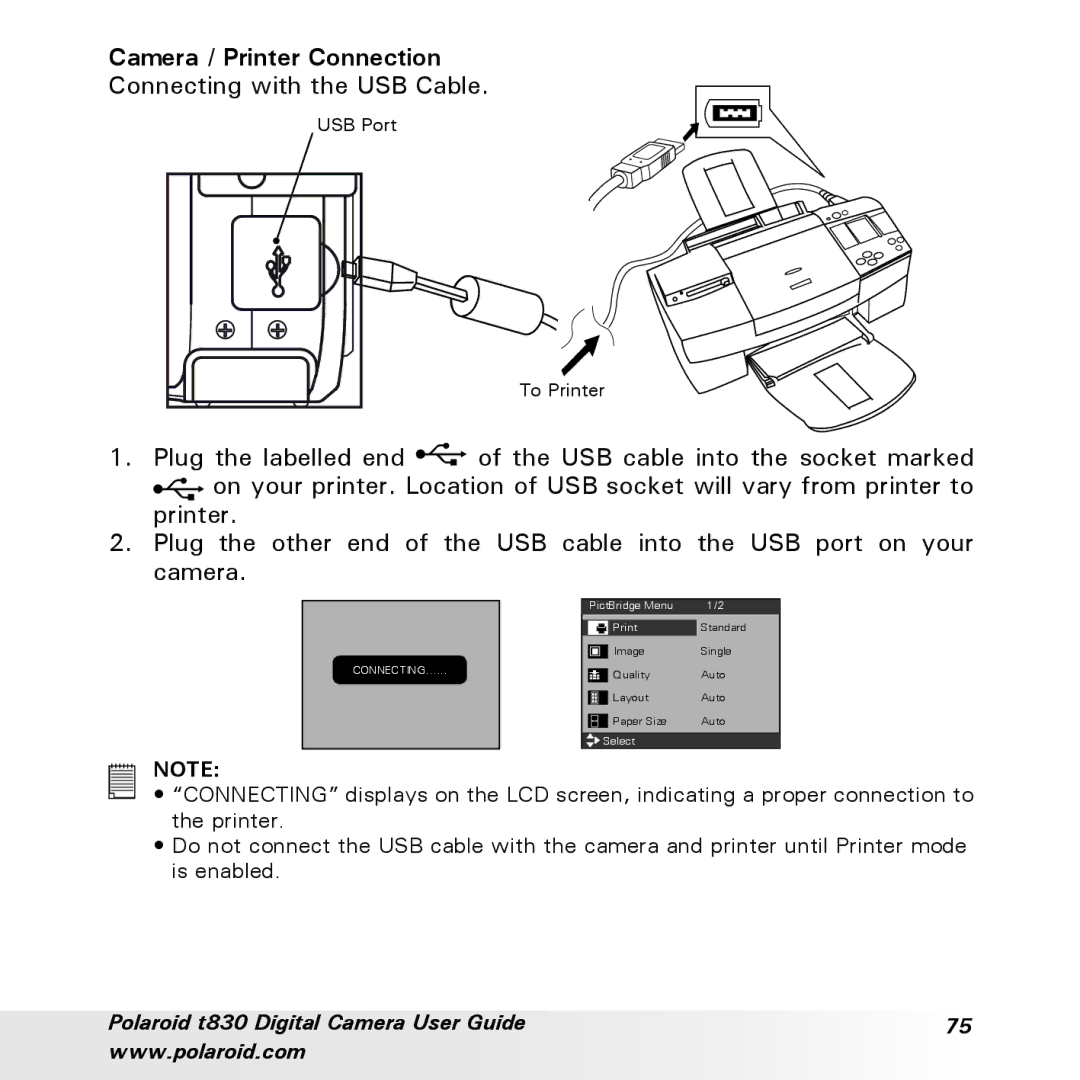 Polaroid t830 manual Camera / Printer Connection 