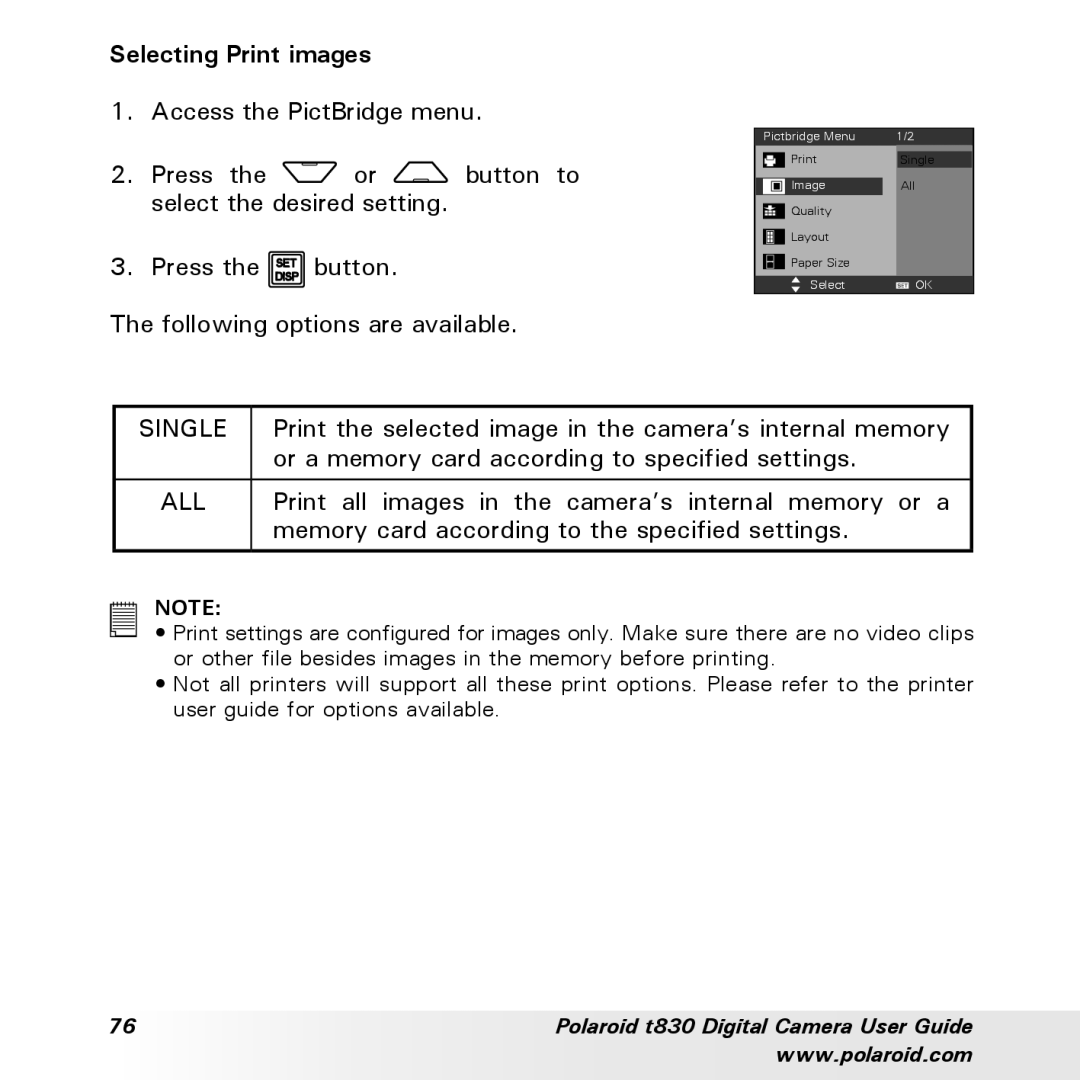 Polaroid t830 manual Selecting Print images, Single 