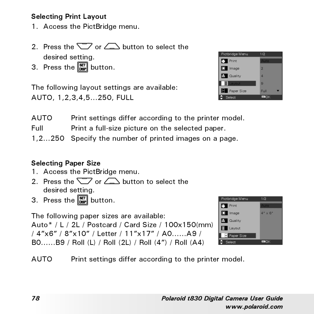 Polaroid t830 manual Selecting Print Layout, Selecting Paper Size 