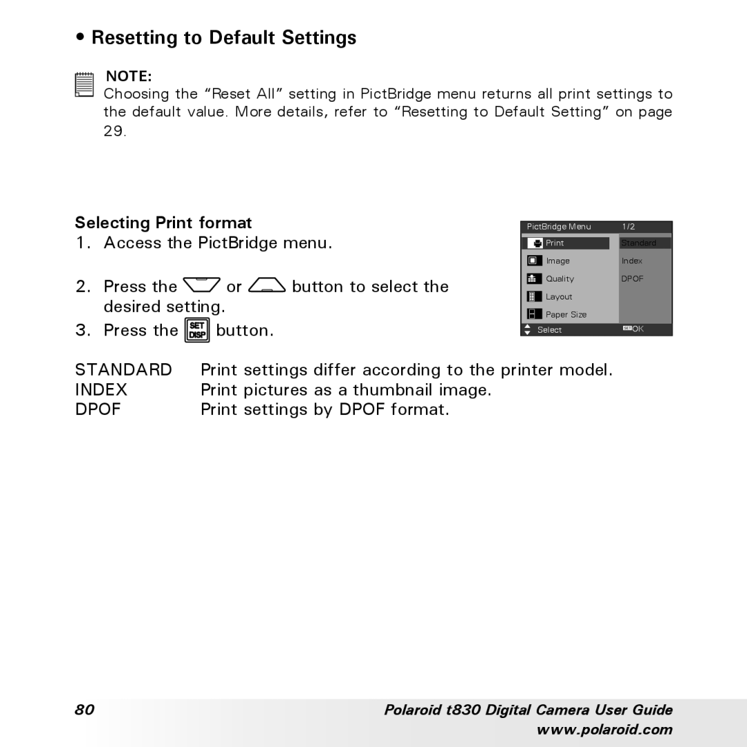 Polaroid t830 manual Resetting to Default Settings, Selecting Print format 