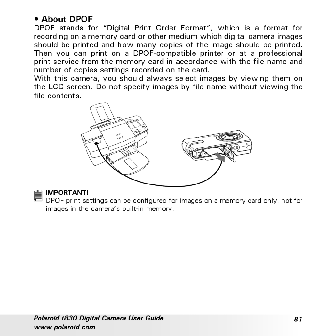 Polaroid t830 manual About Dpof 