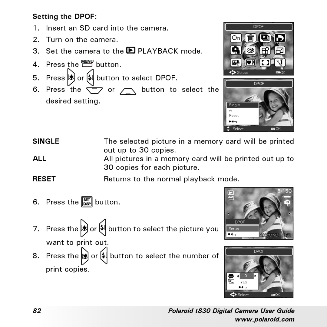 Polaroid t830 manual Setting the Dpof, Reset 