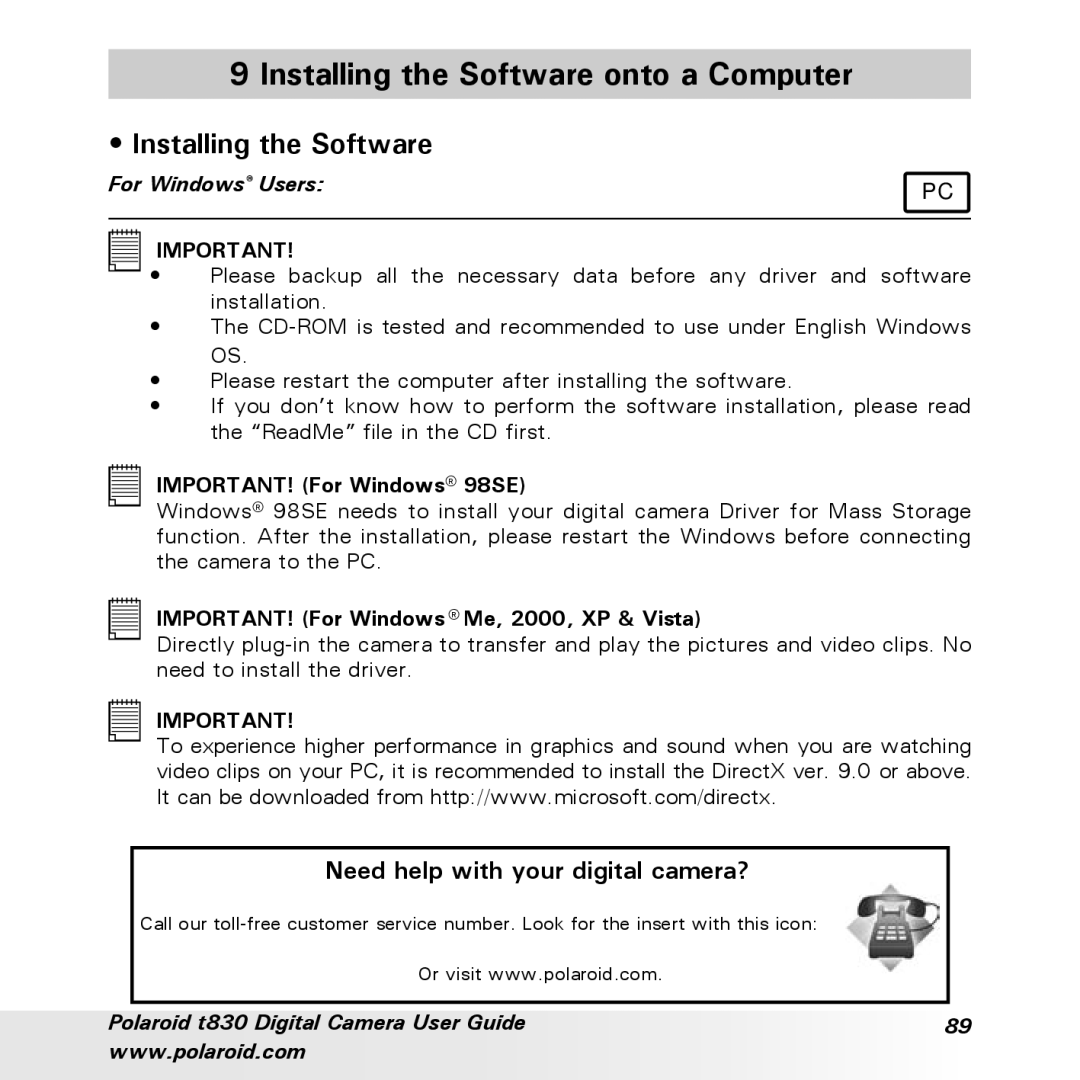 Polaroid t830 manual Installing the Software onto a Computer 