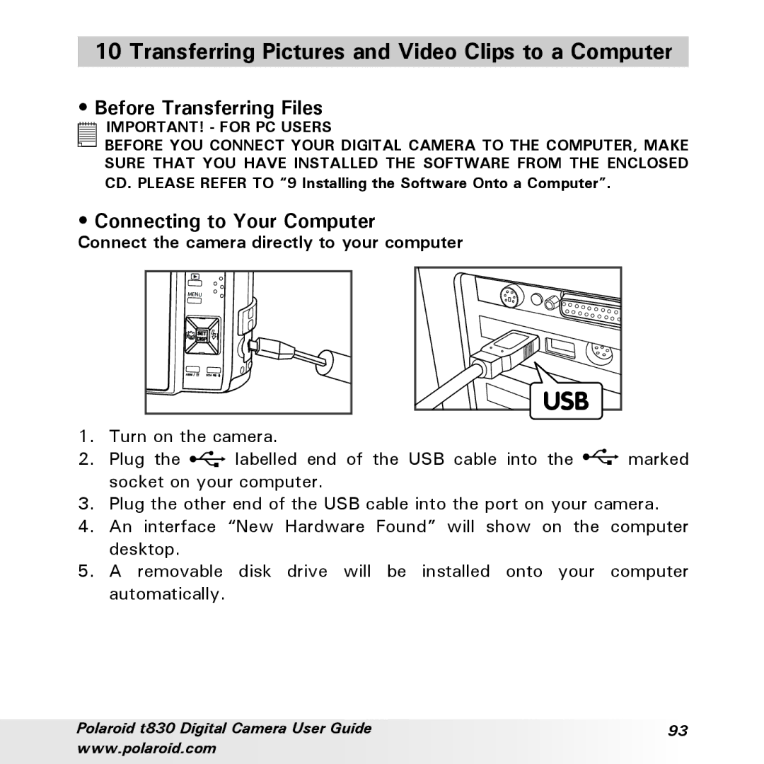 Polaroid t830 Transferring Pictures and Video Clips to a Computer, Before Transferring Files, Connecting to Your Computer 