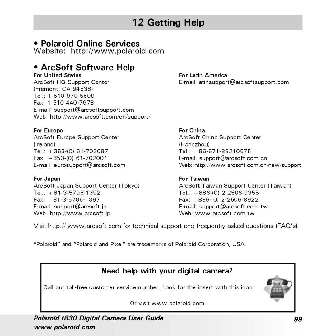 Polaroid t830 manual Getting Help, Polaroid Online Services ArcSoft Software Help 