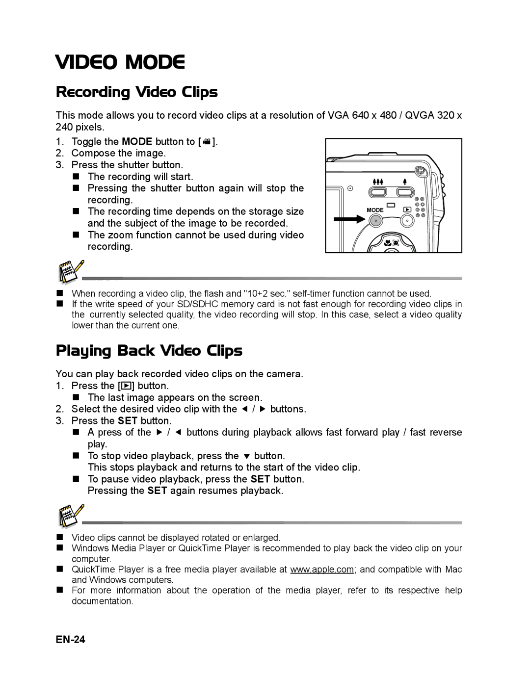 Polaroid t833 manual Video Mode, Recording Video Clips, Playing Back Video Clips, EN-24 