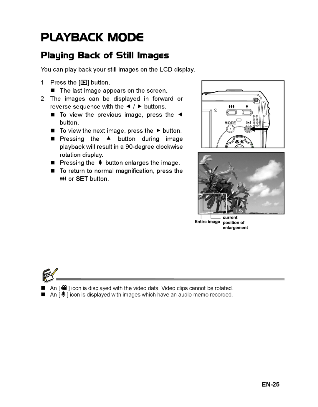 Polaroid t833 manual Playback Mode, Playing Back of Still Images, EN-25 