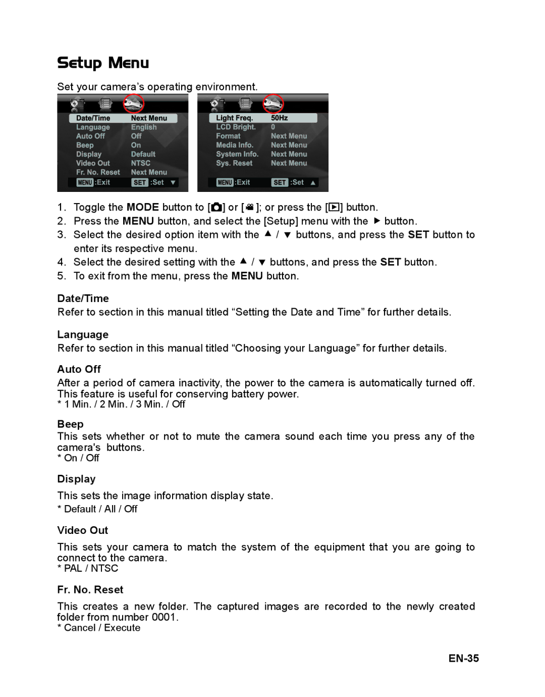 Polaroid t833 manual Setup Menu 