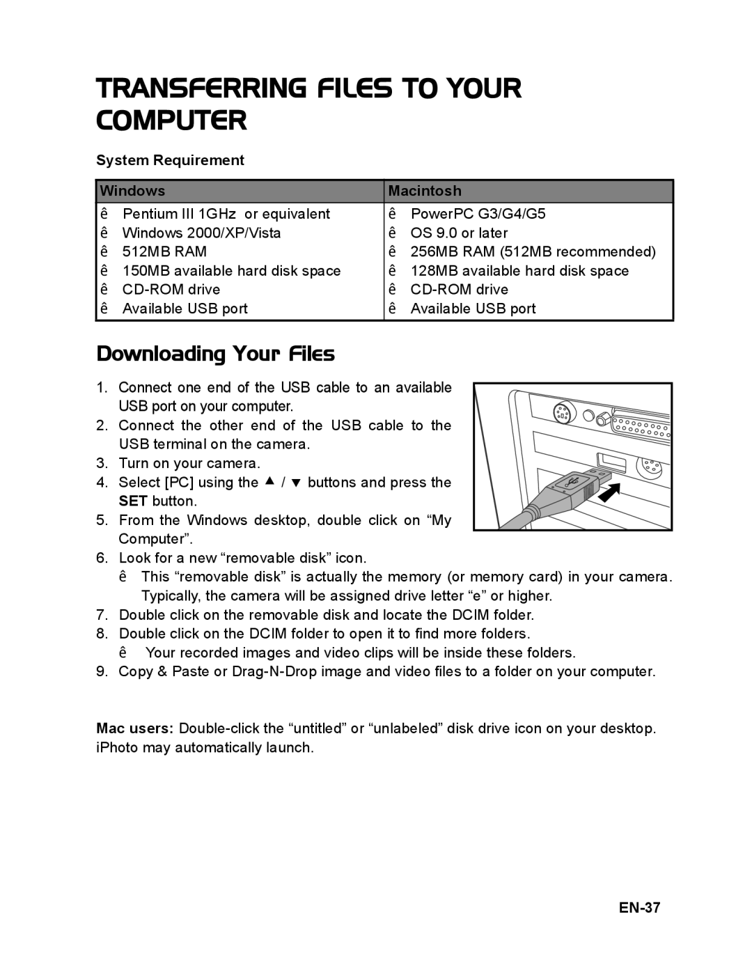 Polaroid t833 Transferring Files to Your Computer, Downloading Your Files, System Requirement Windows Macintosh, EN-37 