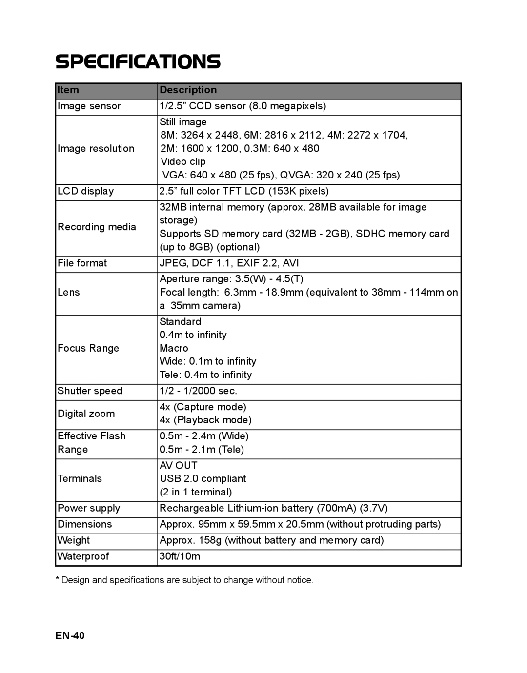 Polaroid t833 manual Specifications, EN-40 