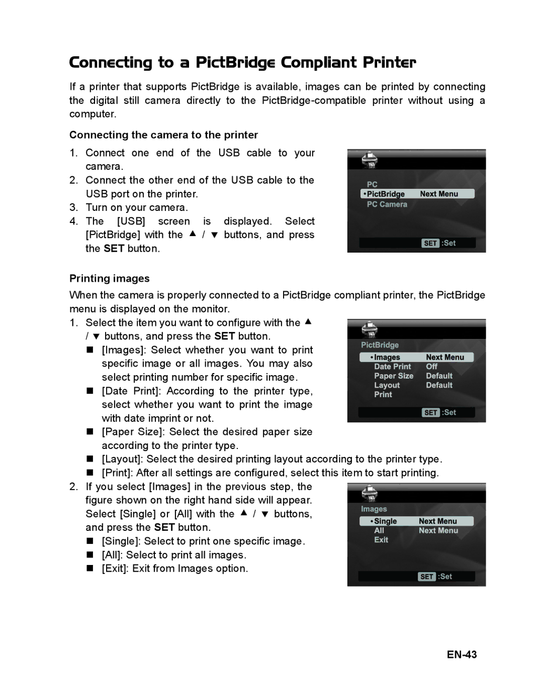 Polaroid t833 Connecting to a PictBridge Compliant Printer, Connecting the camera to the printer, Printing images, EN-43 